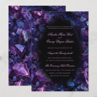 Dark Purple Boho Witch Crystals Black Wedding Invitation