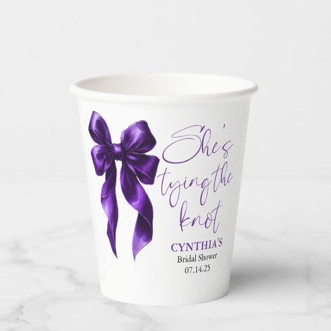 Dark Purple Bow She's Tying the Knot Bridal Shower Paper Cups (Front)