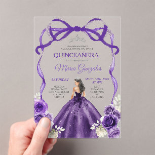 Dark Purple Bow Silver Crown Princess Quinceañera Acrylic Invitations