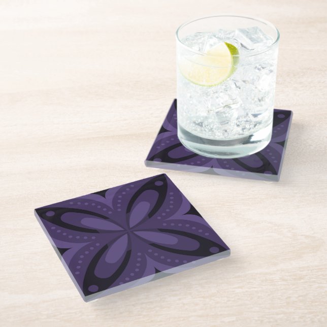 Dark Purple Coloured Retro Pattern Glass Coaster (Angled)