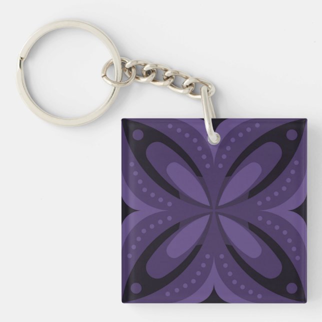 Dark Purple Coloured Retro Pattern Keychain (Front)