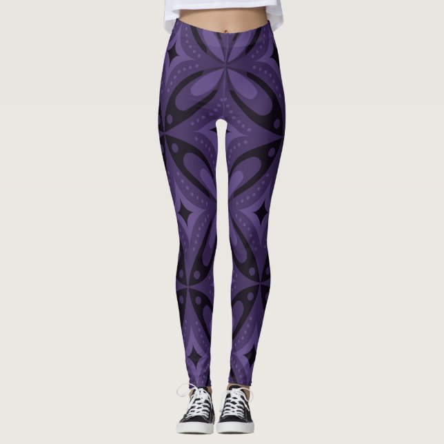 Dark Purple Coloured Retro Pattern Leggings (Front)