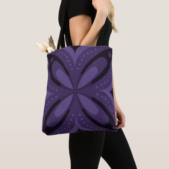 Dark Purple Coloured Retro Pattern Tote Bag (Close Up)