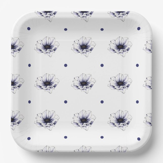 Dark purple daisy flowers polka dots botanical pap paper plate (Front)