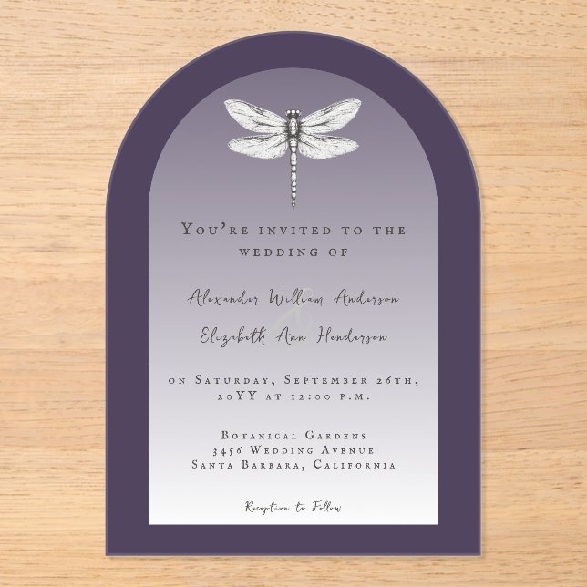 Dark Purple Dragonfly Wedding Acrylic Invitations (Front)