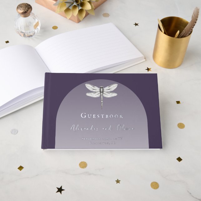 Dark Purple Dragonfly Wedding Guest Book (Front Open)