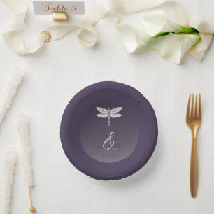 Dark Purple Dragonfly Wedding Paper Plate