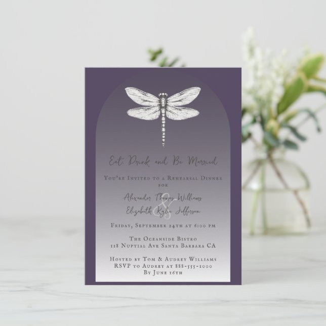 Dark Purple Dragonfly Wedding Rehearsal Dinner Invitation (Standing Front)