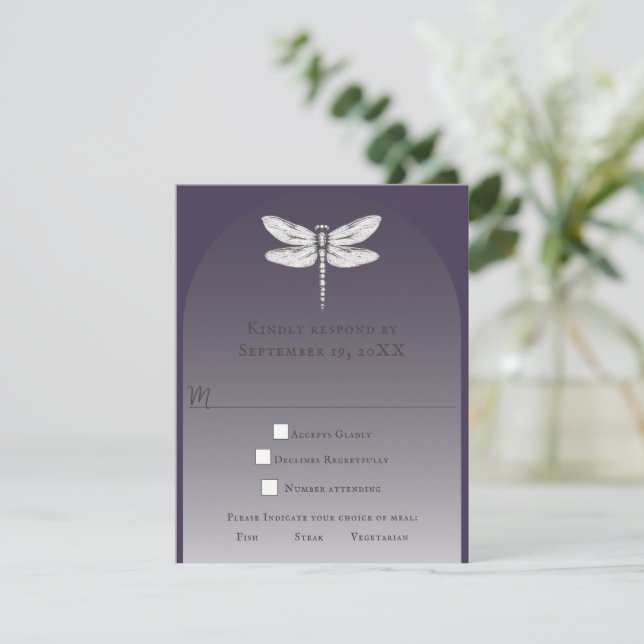 Dark Purple Dragonfly Wedding RSVP Card (Standing Front)