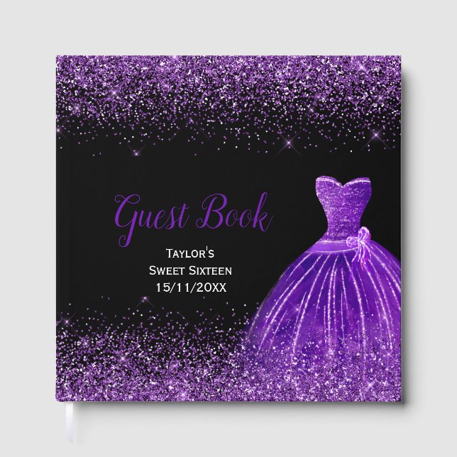 Dark Purple Dress Faux Glitter Sweet 16 Birthday Guest Book (Front)