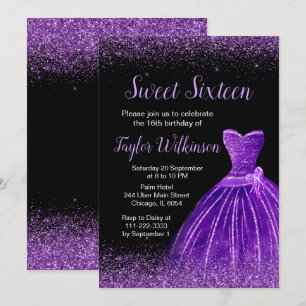 Dark Purple Dress Faux Glitter Sweet 16 Birthday Invitation