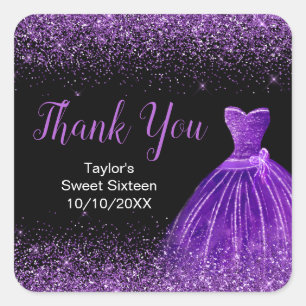 Dark Purple Dress Faux Glitter Sweet 16 Birthday Square Sticker