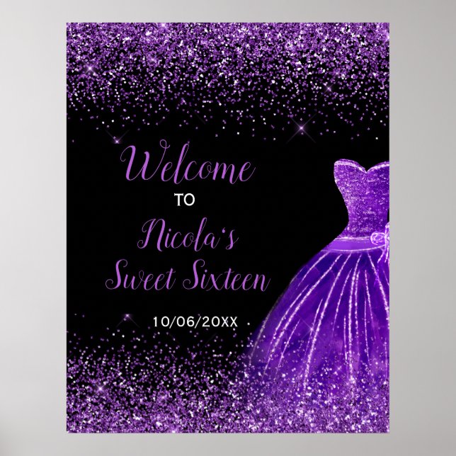 Dark Purple Dress Faux Glitter Sweet 16 Welcome Poster (Front)