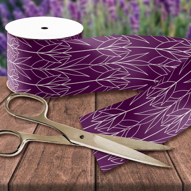 Dark Purple Elegant Classy Art Deco Foliage Print Grosgrain Ribbon (Creator Uploaded)