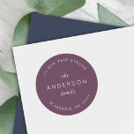 Dark Purple Family Name Return Address Classic Round Sticker<br><div class="desc">Dark Purple Family Name Return Address Classic Round Sticker features your family last name and address in white against a dark purple colour. Check out the matching wedding items https://www.zazzle.com/collections/mauve_layered_geometric_dark_purple_wedding-119712420789591185 Personalize it by replacing the placeholder text. For more options such as to change the font, it's size and spacing between...</div>