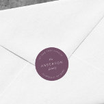 Dark Purple Family Name Return Address Modern Classic Round Sticker<br><div class="desc">Dark Purple Family Name Return Address Classic Round Sticker features your family last name and address in white against a dark purple colour. Check out the matching wedding items https://www.zazzle.com/collections/mauve_layered_geometric_dark_purple_wedding-119712420789591185 Personalize it by replacing the placeholder text. For more options such as to change the font, it's size and spacing between...</div>