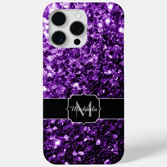 Dark purple faux glitter sparkles bling Monogram Case-Mate iPhone Case (Back)