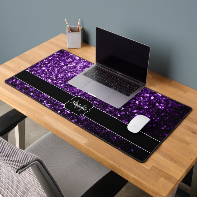 Dark purple faux glitter sparkles Monogram Desk Mat (Office 2)