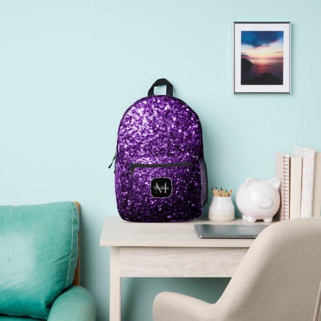 Dark purple faux glitter sparkles Monogram Printed Backpack (Insitu)