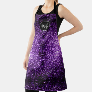 Dark Purple faux shiny glitter sparkles Monogram Apron