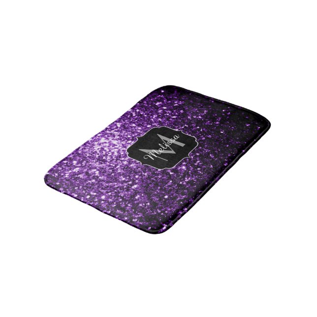 Dark Purple faux shiny glitter sparkles Monogram Bath Mat (Angled)