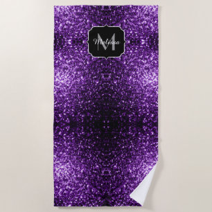 Dark Purple faux shiny glitter sparkles Monogram Beach Towel