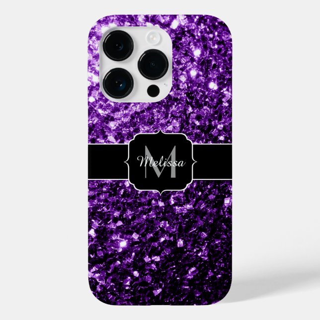 Dark Purple faux shiny glitter sparkles Monogram Case-Mate iPhone Case (Back)
