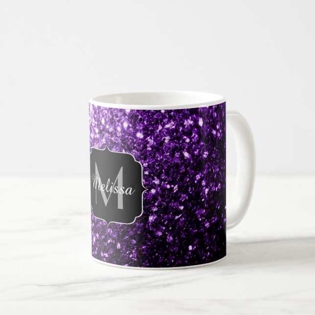Dark Purple faux shiny glitter sparkles Monogram Coffee Mug (Front Right)