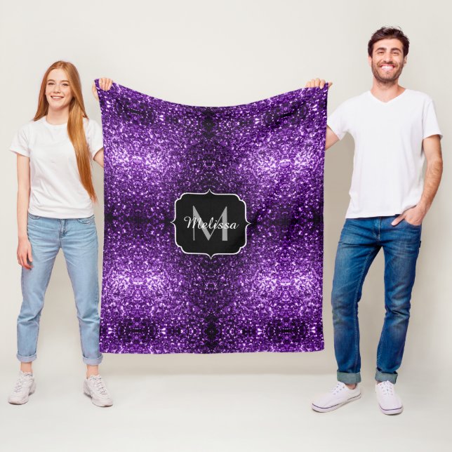 Dark Purple faux shiny glitter sparkles Monogram Fleece Blanket (In Situ)