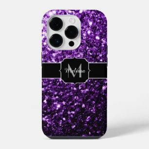 Dark Purple faux shiny glitter sparkles Monogram iPhone 14 Pro Case