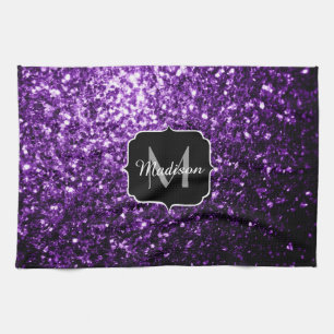 Dark Purple faux shiny glitter sparkles Monogram Kitchen Towel