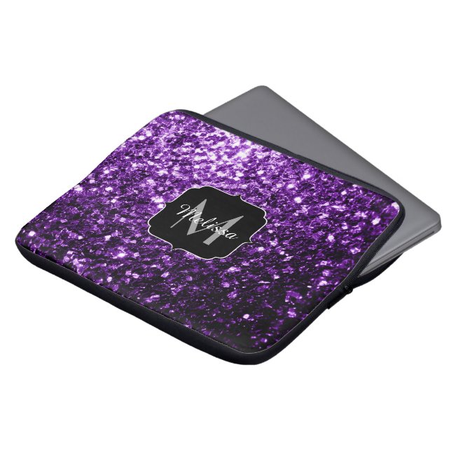 Dark Purple faux shiny glitter sparkles Monogram Laptop Sleeve (Front Top)