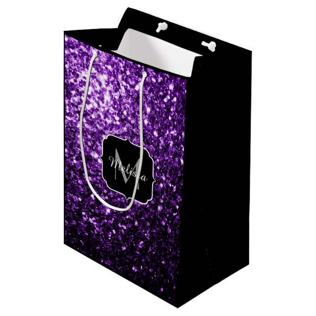 Dark Purple faux shiny glitter sparkles Monogram Medium Gift Bag (Front Angled)