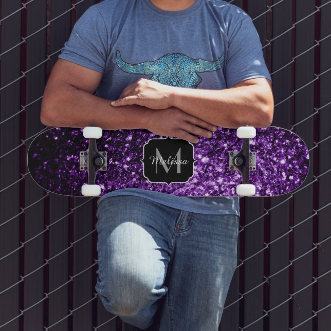 Dark Purple faux shiny glitter sparkles Monogram Skateboard (Outdoor 3)
