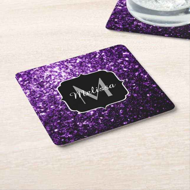 Dark Purple faux shiny glitter sparkles Monogram Square Paper Coaster (Angled)