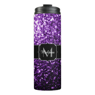 Dark Purple faux shiny glitter sparkles Monogram Thermal Tumbler