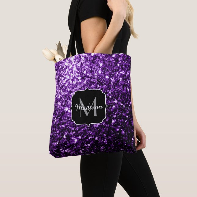 Dark Purple faux shiny glitter sparkles Monogram Tote Bag (Close Up)
