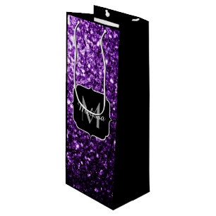 Dark Purple faux shiny glitter sparkles Monogram Wine Gift Bag