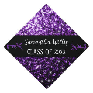 Dark purple faux sparkles Custom name Class Graduation Cap Topper