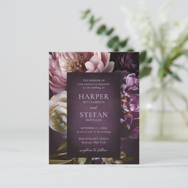 Dark Purple Fine Art Floral Budget Wedding Invite (Standing Front)
