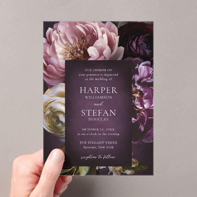 Dark Purple Fine Art Floral Elegant Wedding Acrylic Invitations (Insitu (Handheld))