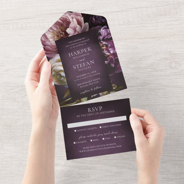 Dark Purple Fine Art Floral Elegant Wedding All In One Invitation (Tearaway)