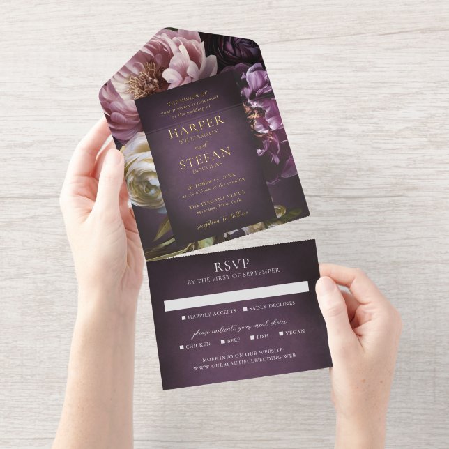 Dark Purple Fine Art Floral Elegant Wedding All In One Invitation (Tearaway)