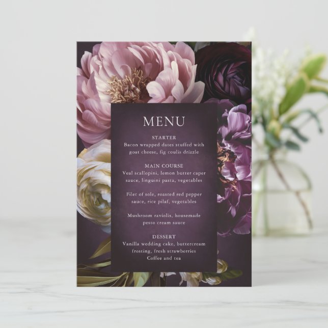 Dark Purple Fine Art Floral Elegant Wedding Menu (Standing Front)