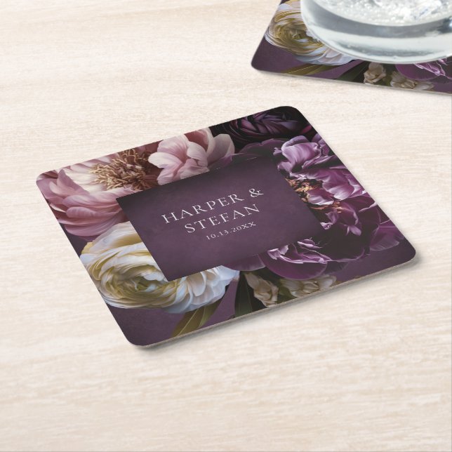 Dark Purple Fine Art Floral Elegant Wedding Square Paper Coaster (Angled)