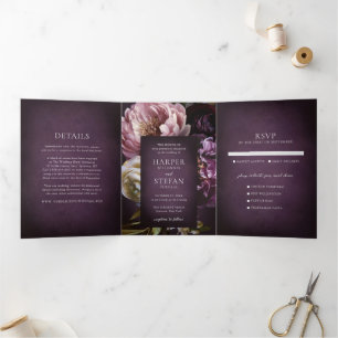 Dark Purple Fine Art Floral Elegant Wedding Tri-Fold Invitation