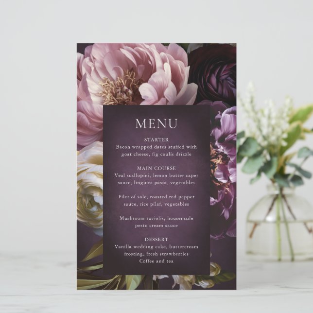 Dark Purple Fine Art Floral Wedding Menu (Debout devant)
