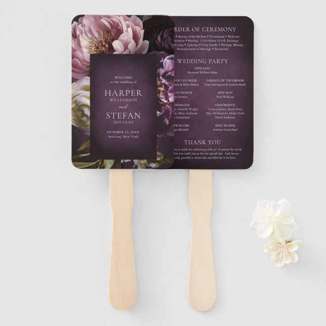 Dark Purple Fine Art Floral Wedding Program Hand Fan (Front and Back)