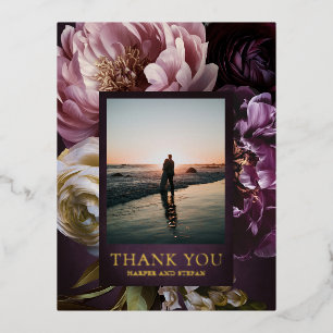 Dark Purple Fine Art Floral Wedding Thank You Foil Invitation Postcard