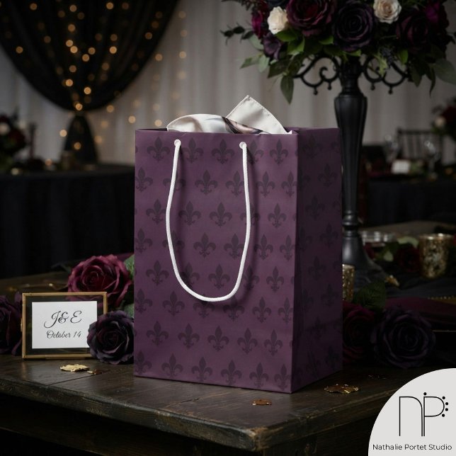 Dark Purple Fleur de Lis Medium Gift Bag (Moody dark purple gothic fleur de lis medium gift bag for sophisticated, refined gift presentation.)